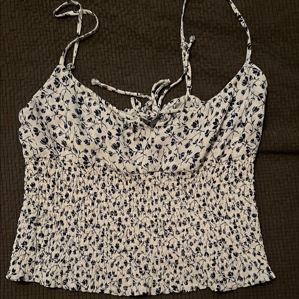 Reformation Blue and White Smocked Tie Front Camisole